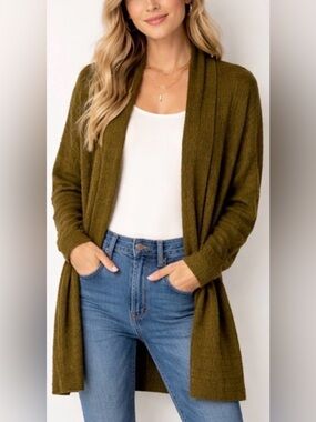 By Anthropologie Olive Green Open Front Long Line Wool Blend Cardigan One Size